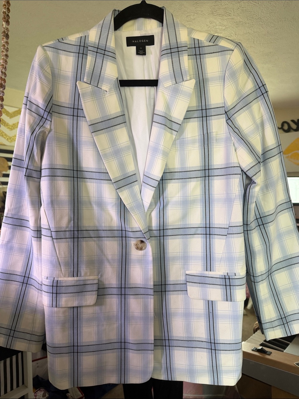 Halogen Light Blue and White Plaid Blazer